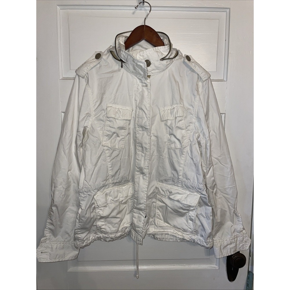Eddie Bauer XL White Spring Jacket Zipper Drawstring Cotton Pockets Funnel Neck